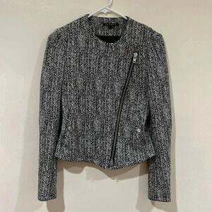 Theory Joean Herringbone Leather Trim Moto Jacket Size 2 white and black